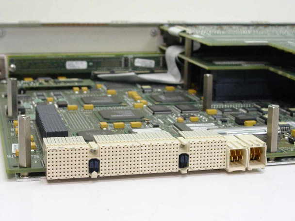 Cabletron 6E233-49 PCB close-up – daughter card connectors and multi-pin backplane interface connectors on board edge