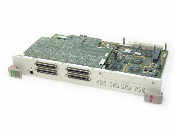 Cabletron 6E233-49 Ethernet module – top-down view showing full PCB and front faceplate with four Telco connectors