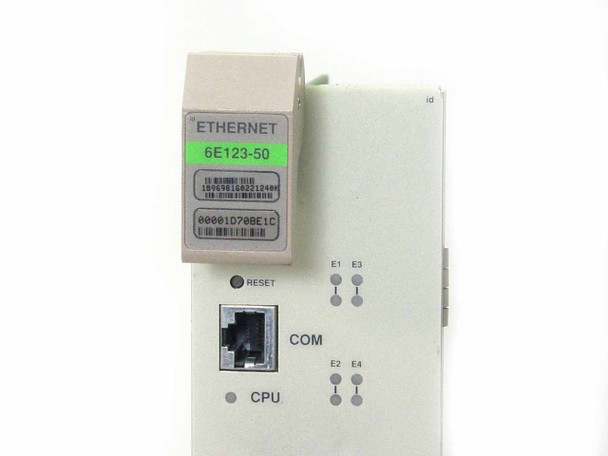Cabletron 6E123-50 front panel close-up showing ETHERNET label, model number sticker, RJ-45 COM port, RESET button, CPU and E1–E4 LEDs