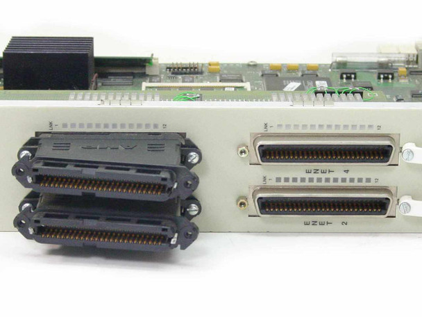 Cabletron 6E123-50 backplane connector end showing dual high-density SCSI-style connectors and two 50-pin CHAMP connectors