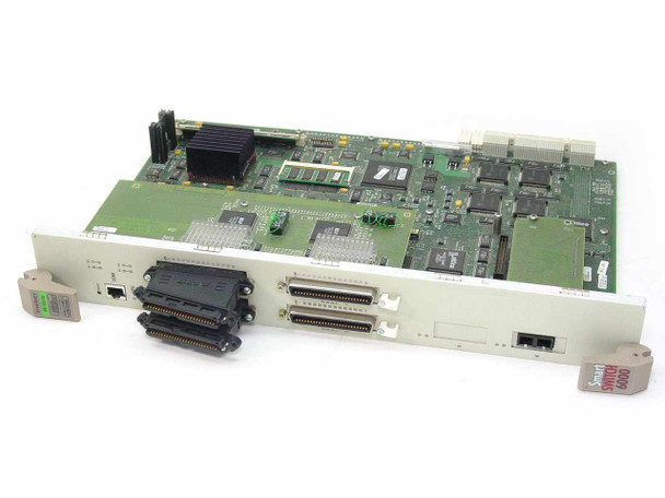 Cabletron 6E123-50 Ethernet Module – angled top view showing PCB, backplane connectors, and front panel with RJ-45 COM port and RESET button