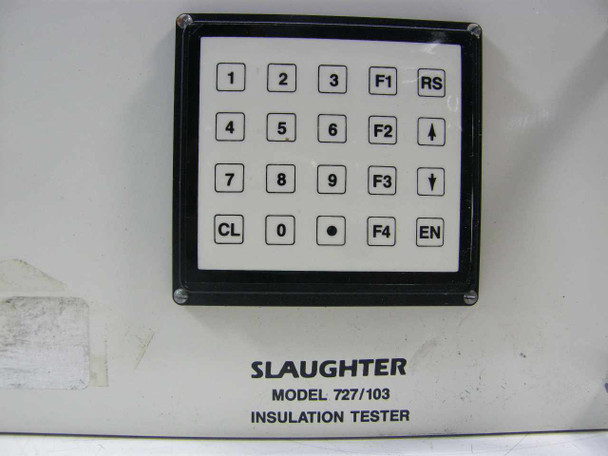 Slaughter Model 727/103 Insulation Tester – close-up of numeric keypad with function keys F1–F4, RS, EN, CL, and model label on lower panel