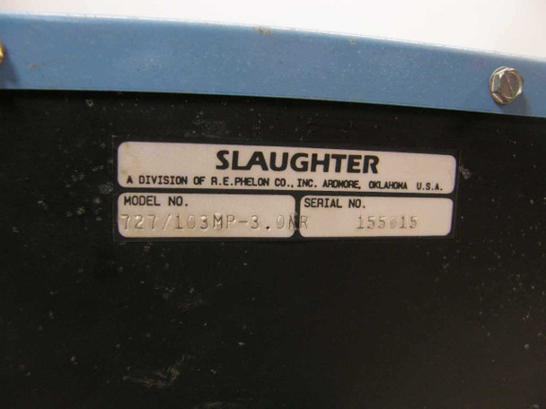 Slaughter Insulation Tester – rear rating plate showing Model No. 727/103MP-3.0NR, Serial No. 155-15, and manufacturer R.E. Phelon Co. Inc., Ardmore Oklahoma USA