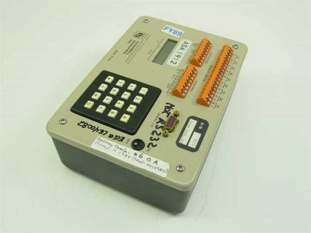Campbell Scientific CR21 Micrologger top-down view showing terminal strips, keypad, display, RS-232 connector, and handwritten notes on label — asset tag labels visible