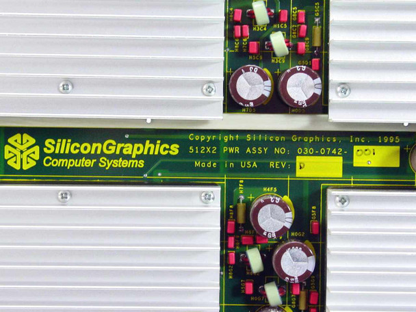 Silicon Graphics 030-0742-001 close-up of board label — reads 512X2 PWR ASSY NO: 030-0742-001, Copyright Silicon Graphics Inc. 1995, Made in USA, REV: D