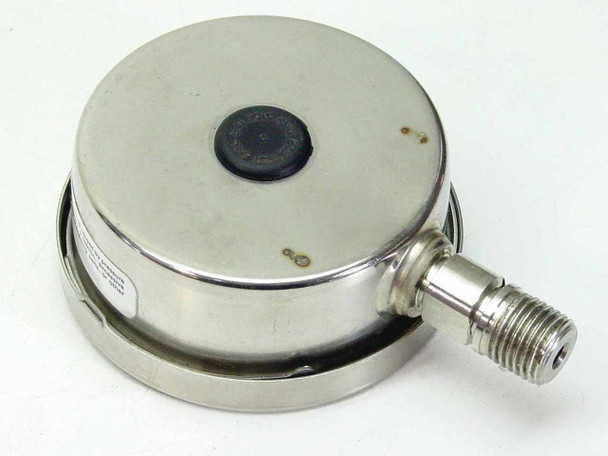 Omega Engineering General Service Pressure Gauge – rear and side view showing stainless steel case back, rubber center plug, and bottom NPT fitting