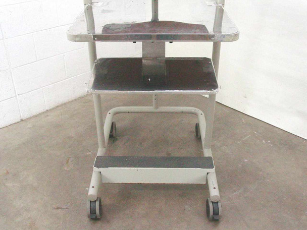 Anthro rolling computer cart front view showing two main shelves and lower footrest rung with swivel casters