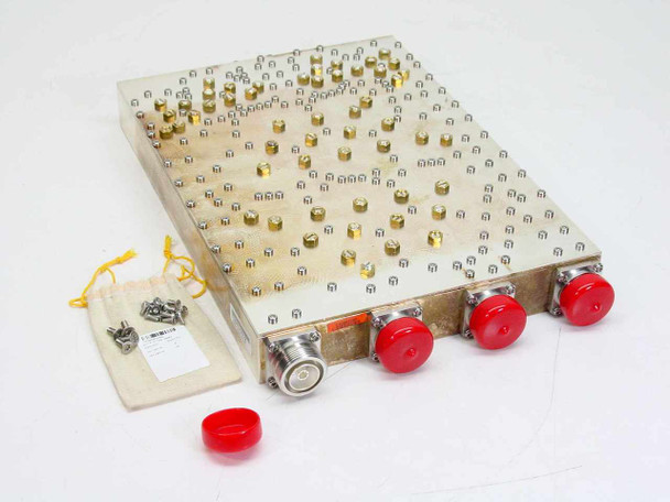 CCI 190-CU391-F1V6 RF Duplexer — top and front view showing cavity housing with brass tuning screws and four 7/16 DIN connectors with red protective caps, hardware kit bag alongside