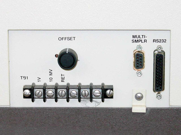 Perkin-Elmer 1430 rear output panel showing Offset control, T91/1V/10MV/RET terminal strip, Multi-Sampler DB9 connector, and RS-232 DB25 connector