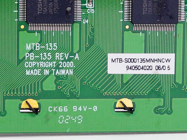 MTB-135 PB-135 Rev-A PCB label close-up showing model markings, Copyright 2000, Made in Taiwan, MTB-S0000135MNHNCW barcode label, and CK66 94V-0 UL marking