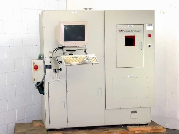 CMS PS-700 Silicon Wafer Laser Marking System — full front view showing integrated CRT monitor, keyboard tray, and main cabinet enclosure on pallet
