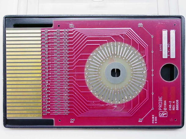 SV Probe C48-2 Rev A 888008 test fixture – reverse side showing circular contact array, date and S.V. No. label fields, and gold finger connectors