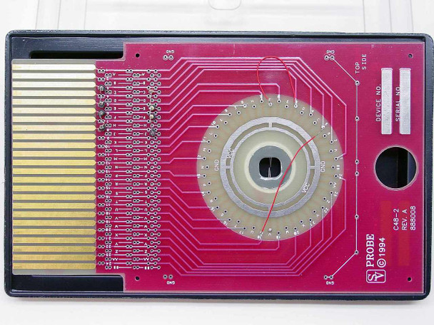 SV Probe C48-2 Rev A 888008 motherboard test fixture – probe side showing gold finger edge connectors and circular spring-pin probe array on red PCB
