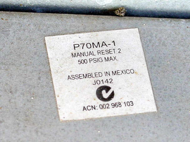 Johnson Controls Penn P70MA-1 pressure control label showing Manual Reset 2, 500 PSIG Max, Assembled in Mexico, ACN 002 968 103