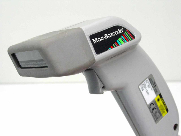 PSC Mac-Barcode GP5385-183842 scanner head close-up showing Mac-Barcode logo, laser aperture window, and CE label on grip