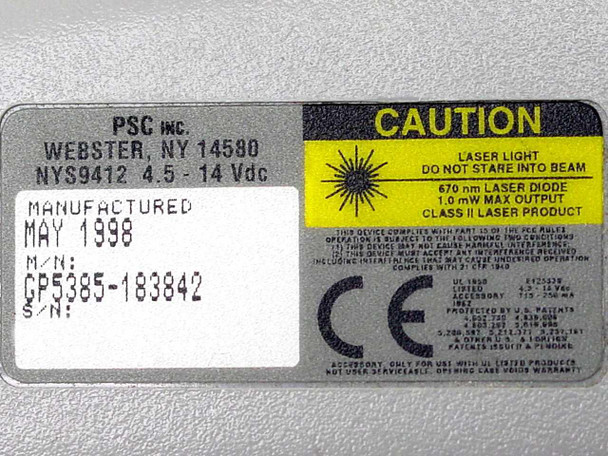 PSC Inc. GP5385-183842 rating plate label showing model number, serial number, 4.5-14 VDC power rating, May 1998 manufacture date, and 670nm Class II laser caution