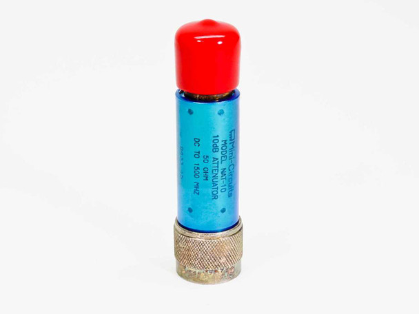Mini-Circuits NAT-10 10dB attenuator — upright view showing blue anodized body with red protective cap and knurled N-type connector base