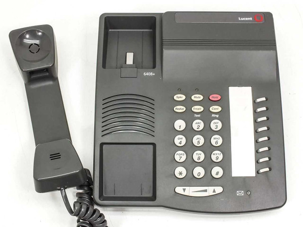 Lucent 6408Plus business desk phone — front face view showing 6408+ label, function buttons, keypad, and message waiting indicator