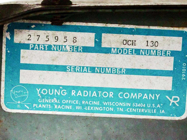 Young Radiator Company nameplate — Part Number 275958, Model Number OCH 130, Racine Wisconsin