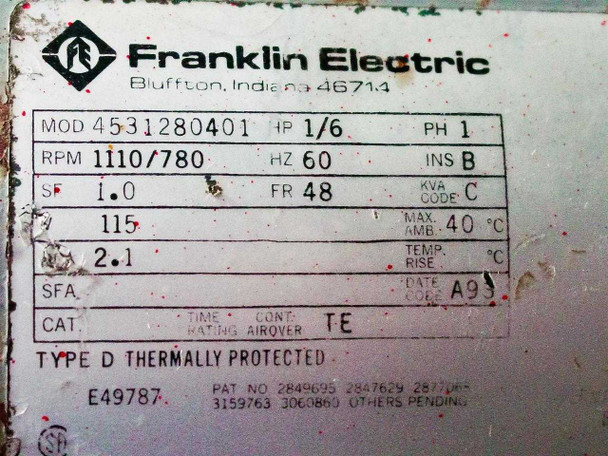 Franklin Electric fan motor nameplate — Model 4531280401, 1/6 HP, 115V, single phase, 1110/780 RPM, 60 Hz, TEFC, thermally protected