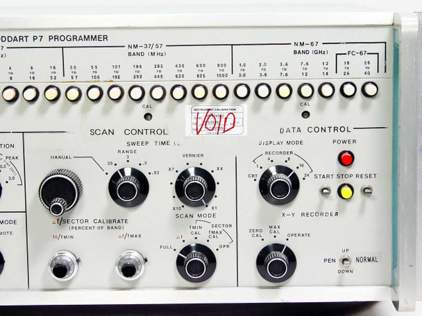 Ailtech Stoddart P7 Programmer – front panel close-up showing NM-37/57 and NM-67/FC-67 band knobs, Scan Control sweep and vernier dials, and Data Control power section with VOID sticker