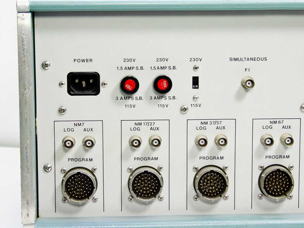 Ailtech Stoddart P7 Programmer – rear panel close-up showing AC power connector, fused 230V/115V power rails, and NM7 through NM67 LOG/AUX/PROGRAM circular connectors
