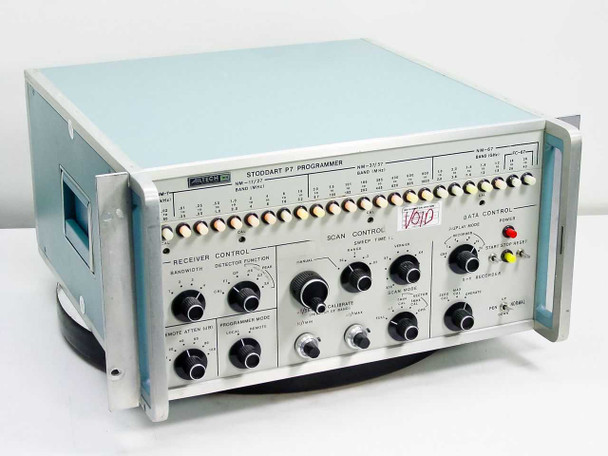 Ailtech Stoddart P7 Programmer – front panel three-quarter view showing Receiver Control, Scan Control, and Data Control sections with band selector knobs