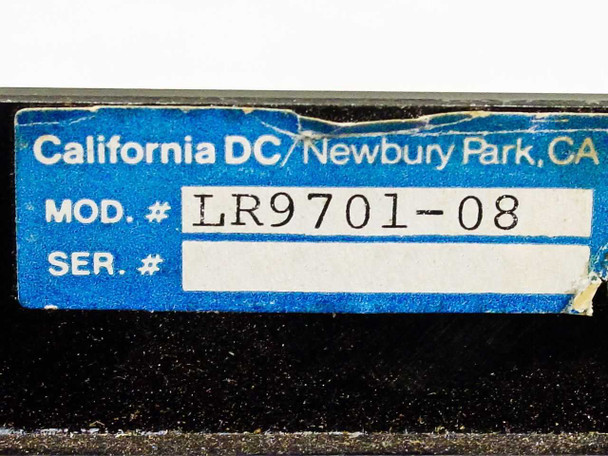 California DC LR9701-08 label showing model number and manufacturer location Newbury Park CA