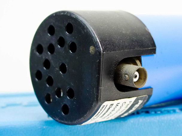Close-up of the black end cap of the Perkin Elmer N066-1245 EDL lamp showing ventilation holes and coaxial connector pin