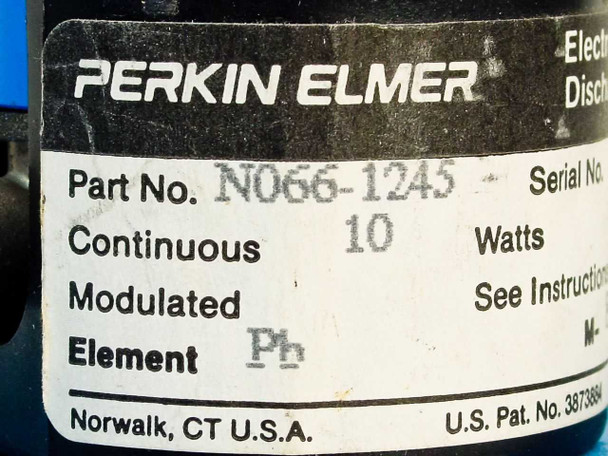 Perkin Elmer N066-1245 label showing Part No. N066-1245, Continuous 10 Watts, Element Pb, Norwalk CT USA