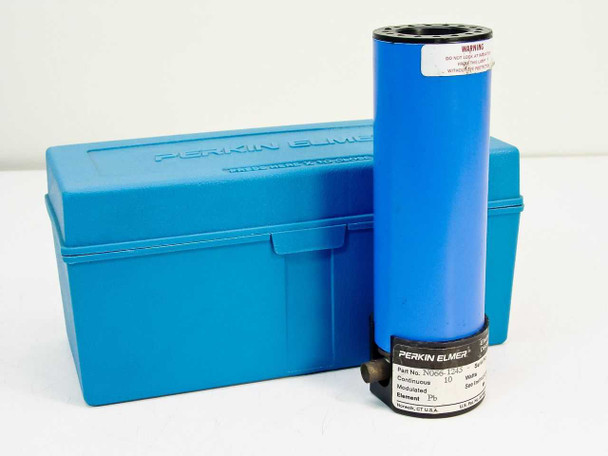 Perkin Elmer N066-1245 Lead Pb Electrodeless Discharge Lamp upright beside its original blue plastic storage case