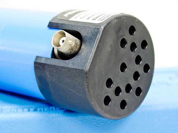 Close-up of the black base of the Perkin Elmer N066-1217 EDL lamp showing BNC connector and circular ventilation holes