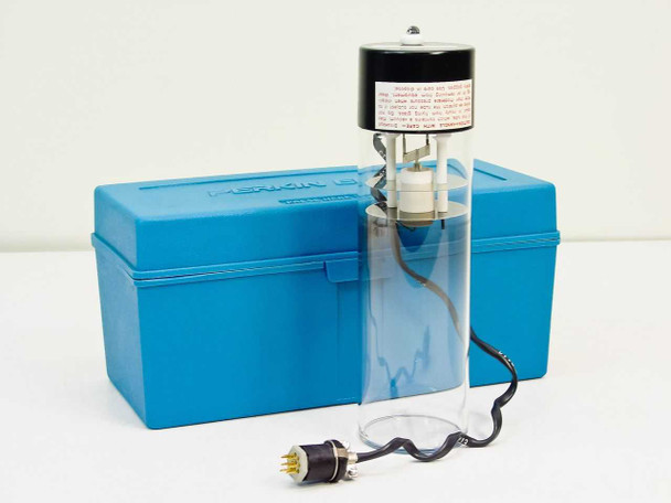 Perkin Elmer 303-6012 Intensitron Barium hollow cathode lamp shown upright next to its blue plastic storage case