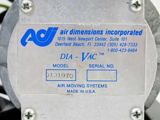 Air Dimensions Inc. DIA-VAC model label showing model 01310TQ, Deerfield Beach FL, Made in USA, with blank serial number field