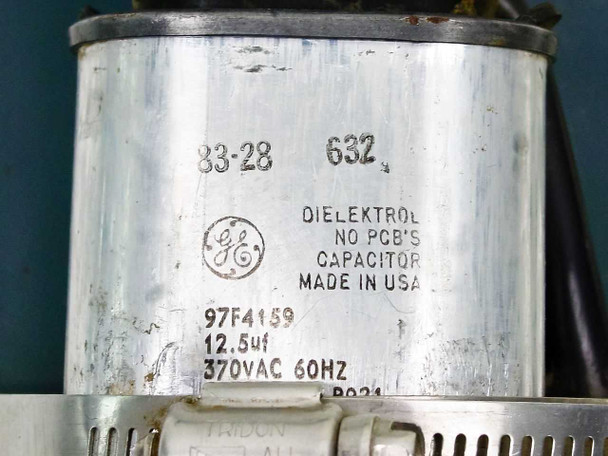 GE DIELEKTROL capacitor label on DIA-VAC 01310TQ showing part number 97F4159, 12.5 µF, 370VAC, 60Hz, No PCBs, Made in USA
