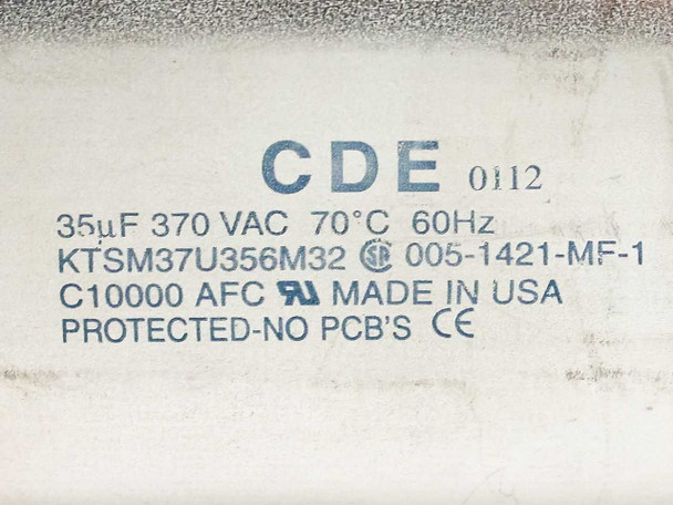 CDE KTSM37U356M32 capacitor label — 35µF 370VAC 70°C 60Hz, UL listed, Made in USA, PCB-free