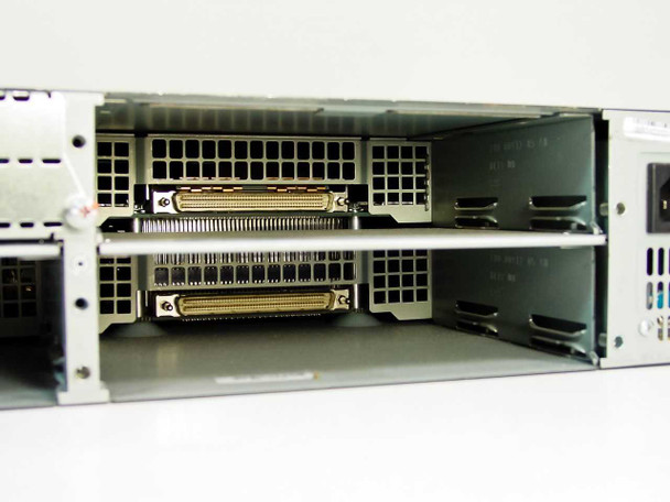 Cisco 3640 rear module bays open — two empty module slots visible with high-density connector backplane receptacles