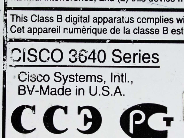 Cisco 3640 regulatory label close-up reading 'CISCO 3640 Series, Cisco Systems Intl., BV — Made in U.S.A.' with CE and PC certification marks