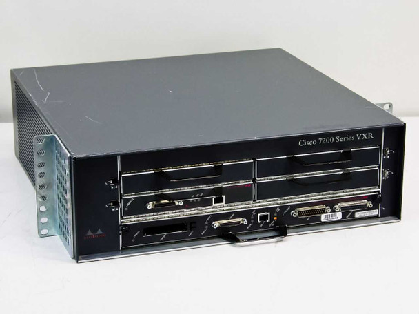 Cisco 7200 Series VXR 7204VXR rackmount router chassis front-left angle view showing module bays and rack ears