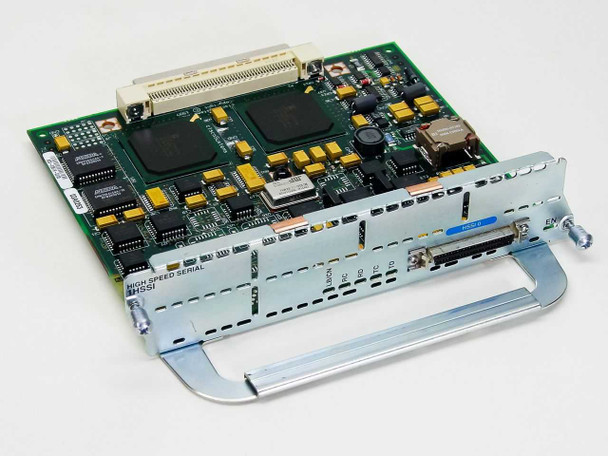 Cisco NM-1HSSI High Speed Serial Interface network module – angled top view showing PCB with two large controller ICs, yellow capacitors, and front faceplate with HSSI port