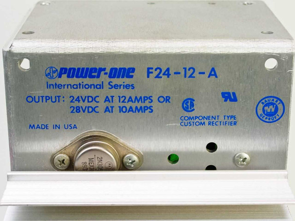Power-One F24-12-A label showing International Series, 24VDC/12A or 28VDC/10A output, UL and CSA marks, Made in USA