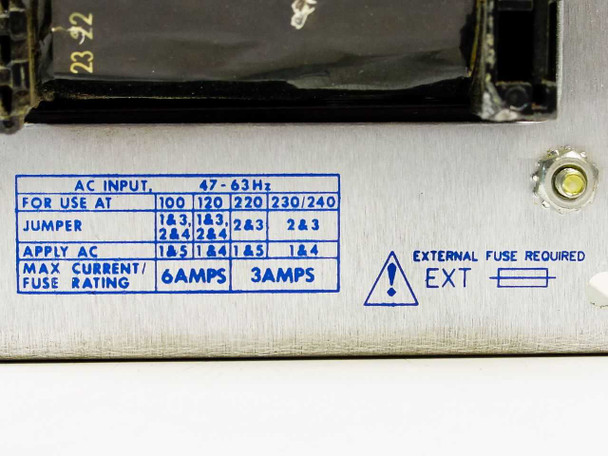 Power-One F24-12-A side label showing AC input jumper configuration table for 100/120/220/230-240V, 47-63Hz, fuse ratings