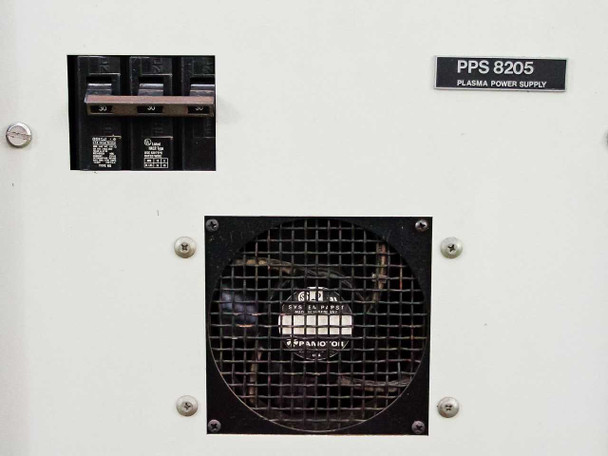PPS 8205 Plasma Power Supply nameplate and circuit breaker panel – close-up of model label and 30A breakers