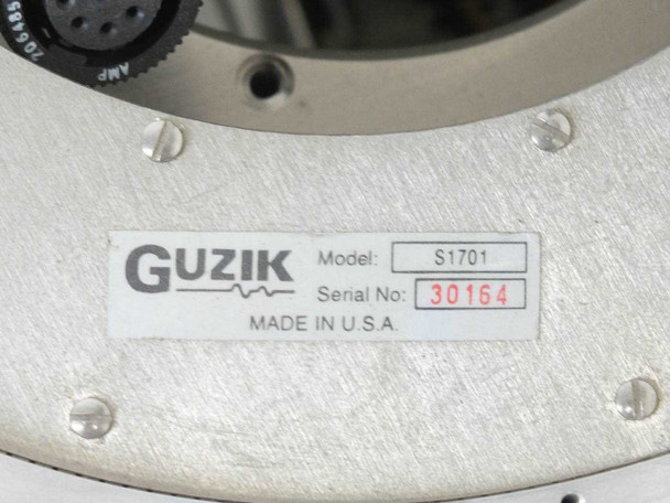Guzik S1701 secondary model label on spindle assembly — shows Model S1701, Serial No. 30164, Made in U.S.A.