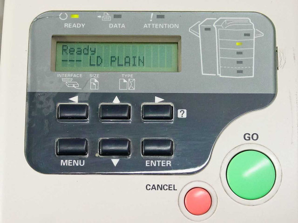 Kyocera Mita FS-9500DN control panel close-up – LCD display reading 'Ready LD PLAIN' with MENU, ENTER, GO, and CANCEL buttons