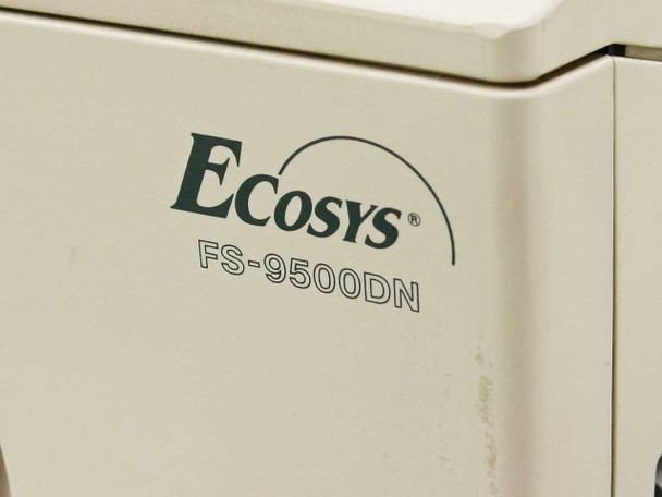 Kyocera Ecosys FS-9500DN model name label close-up – teal Ecosys logo and FS-9500DN model designation on white body