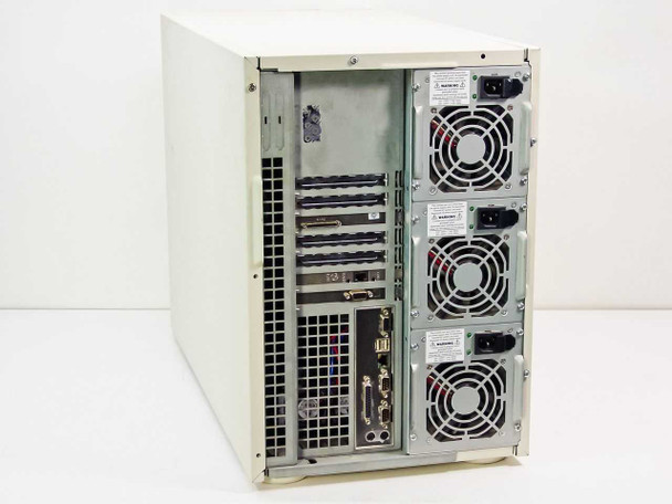 Arc PC 732765-001 rear view – three redundant power supplies with cooling fans and IEC power connectors visible on right side, expansion slot bracket area on left