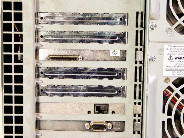 Arc PC 732765-001 rear expansion slot detail – installed expansion card with high-density SCSI connector, empty slot brackets, Ethernet RJ-45 port, and VGA port visible