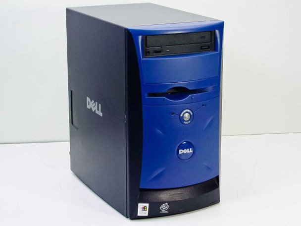 Dell SmartStep 100D mini tower desktop PC – front left angle view showing blue and black case with CD-ROM and floppy drive bays
