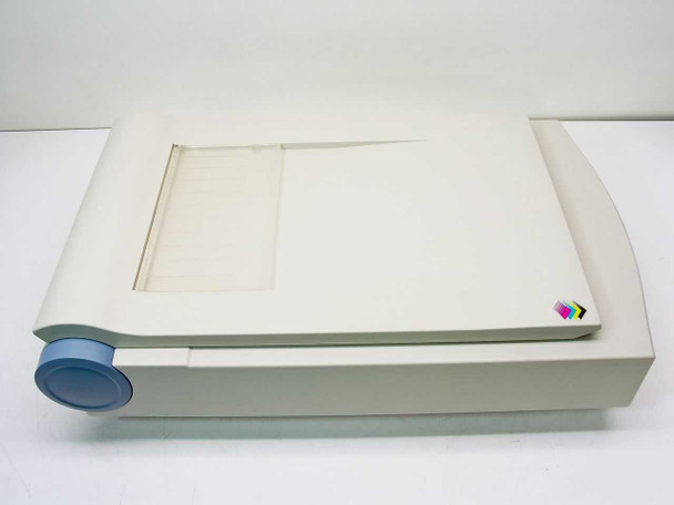 Epson ES-1200C G550A flatbed scanner – top view with lid open showing scan glass platen and blue hinge cover, Epson color logo visible on lid corner